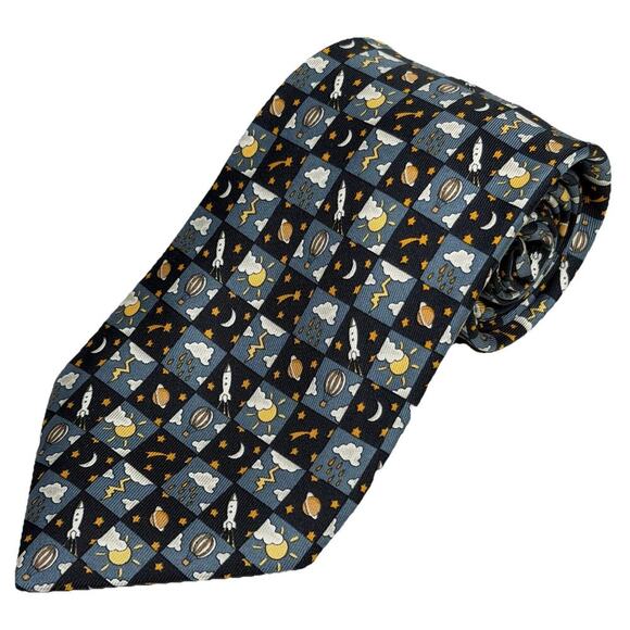 HERMÈS Other - HERMES 7803 Silk Neck Tie 56”x3.5” Blue Rocket Hot Air Balloon Planet Stars EUC